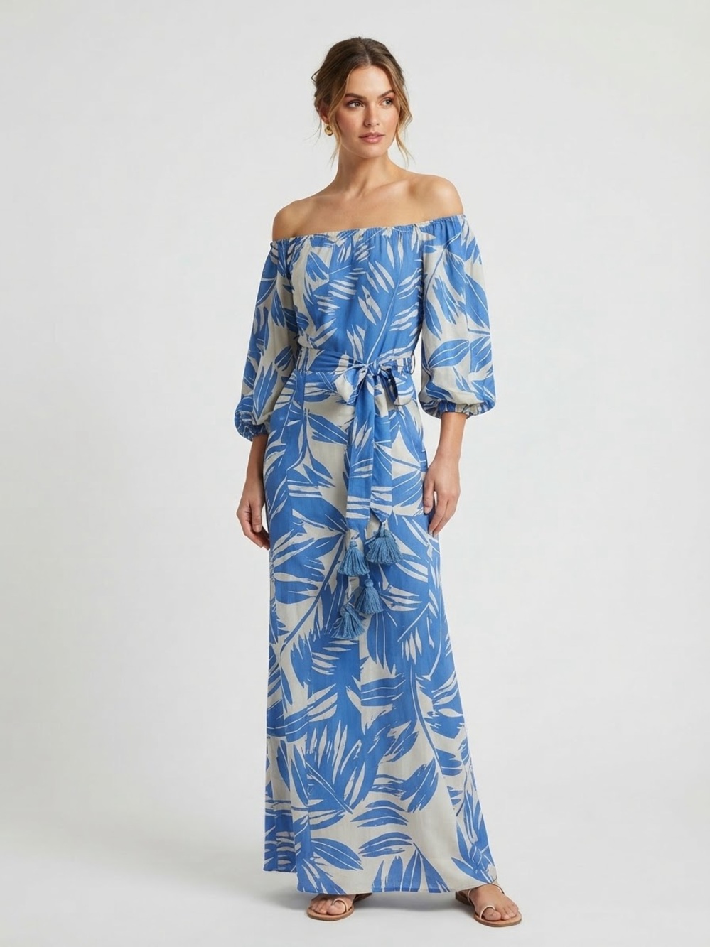 Figue Blue White Palm Leaf Viscose Maxi Dress Boho Size L Off The Shoulder
